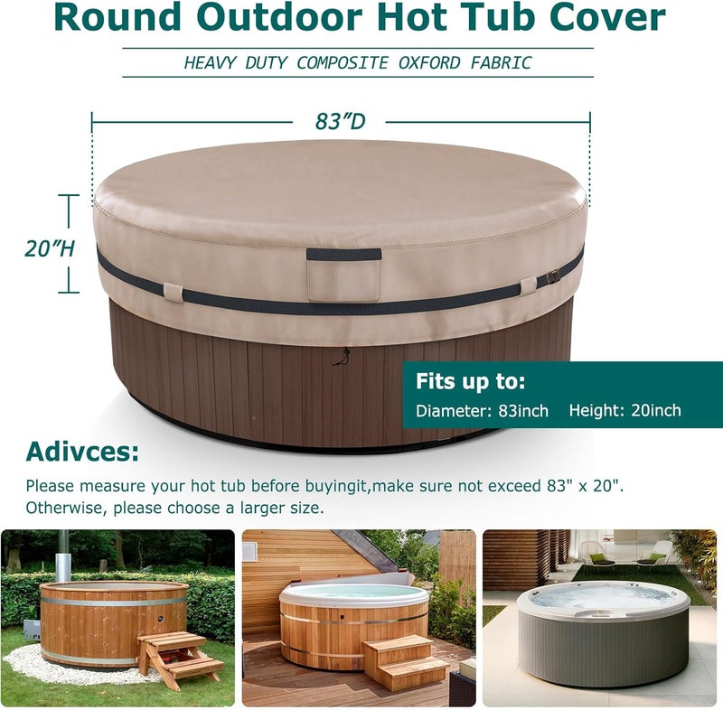 AKEfit Round Hot Tub Cover, 600D Polyester Waterproof for Hot Tub, UV Protection & Windproof, 83''x 20'', Brown - Image 2